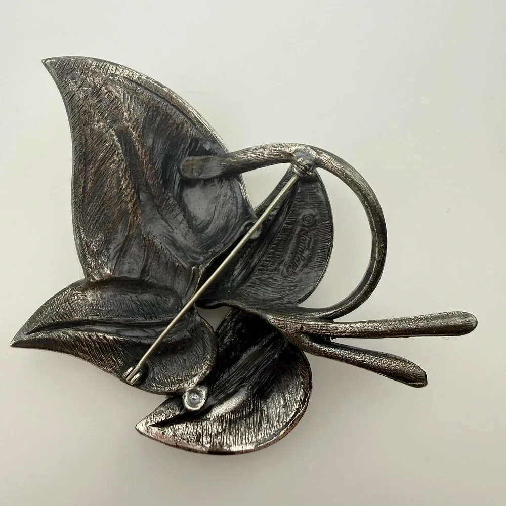 Tortolani Vintage Leaf Brooch Silver Tone Large Botanical Textured Design